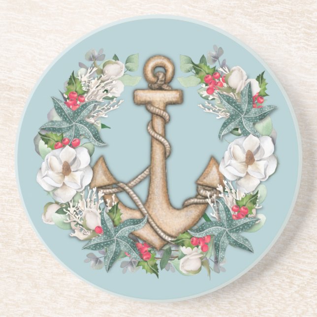 Nautical Christmas Wreath & Anchor | Light Teal  Coaster (Front)