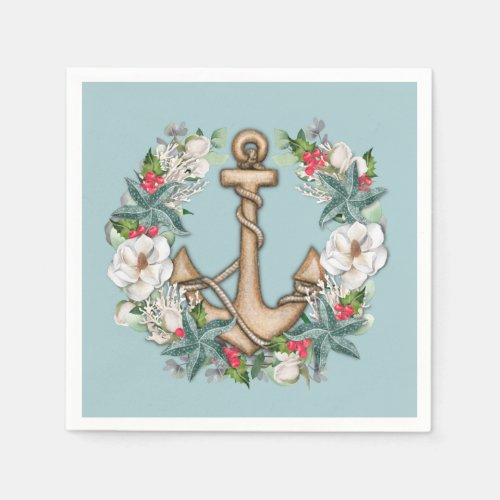 Nautical Christmas Wreath  Anchor  Light Teal  Napkins