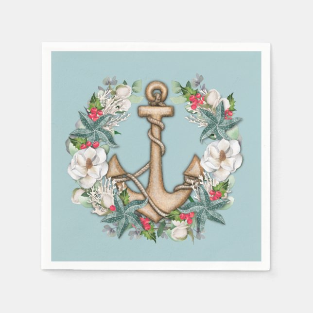 Nautical Christmas Wreath & Anchor | Light Teal  Napkins (Front)