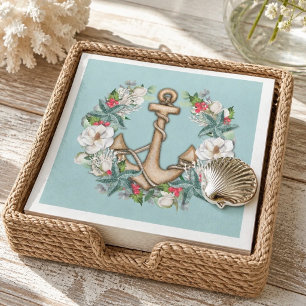 Nautical Christmas Wreath & Anchor Light Teal Napkins