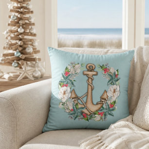 Nautical Christmas Wreath & Anchor Throw Pillow