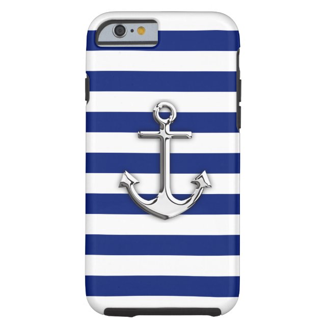 Nautical Chrome Anchor on Navy Stripes Case-Mate iPhone Case (Back)