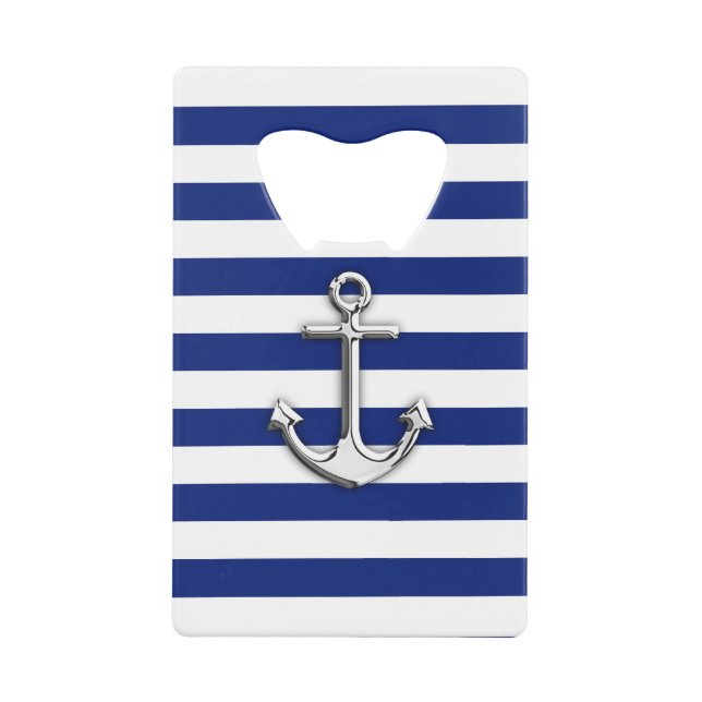 Nautical Chrome Anchor on Navy Stripes Credit Card Bottle Opener (Front)