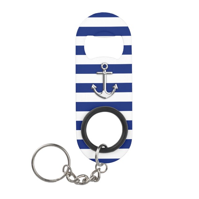 Nautical Chrome Anchor on Navy Stripes Keychain Bottle Opener (Front)