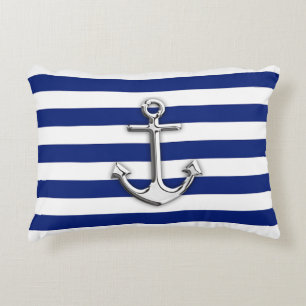 Nautical Chrome Anchor on Navy Stripes Print Accent Pillow