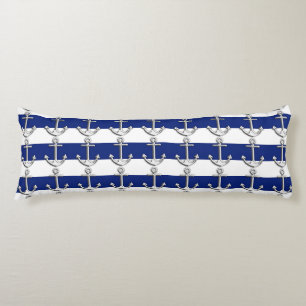 Nautical Chrome Anchor on Navy Stripes Print Body Pillow