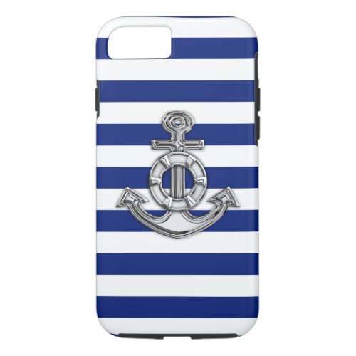 Nautical Chrome Anchor on Navy Stripes Print iPhone 87 Case