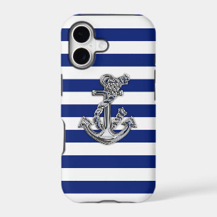 Nautical Chrome Anchor on Navy Stripes Print iPhone 17 Case