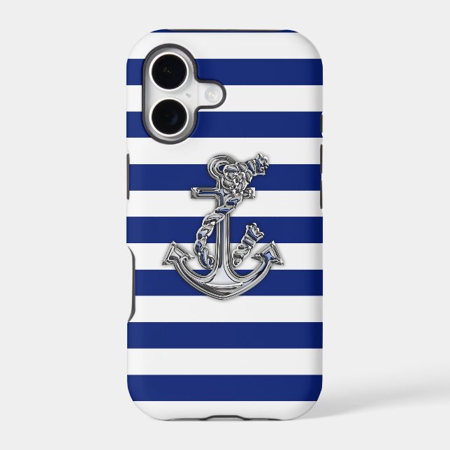 Nautical Chrome Anchor on Navy Stripes Print Case-Mate iPhone Case (Back)