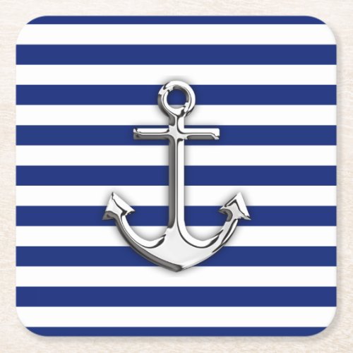 Nautical Chrome Anchor on Navy Stripes Print Square Paper Coaster