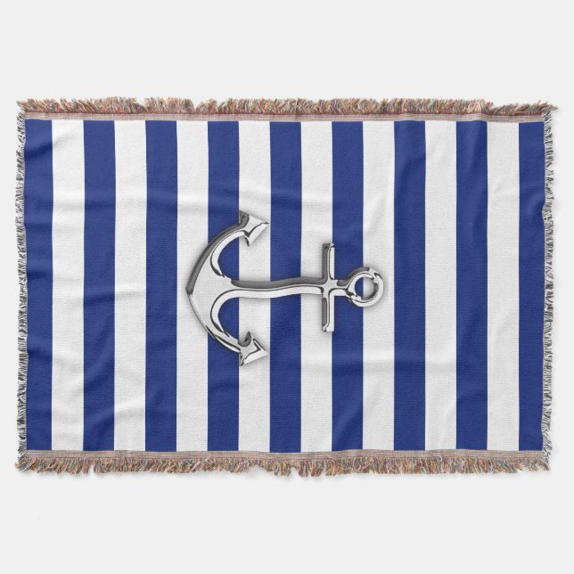 Nautical Chrome Anchor on Navy Stripes Throw Blanket (Front)