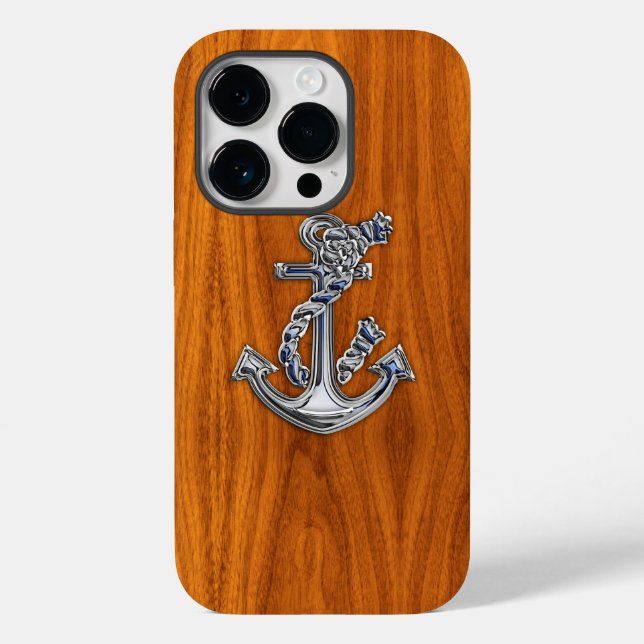 Nautical Chrome Anchor on Teak Wood Print Case-Mate iPhone Case (Back)