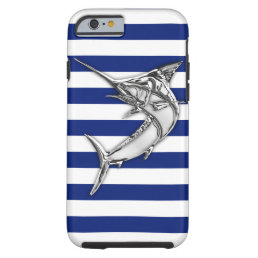 Nautical Chrome Blue Marlin on Navy Stripes Print Tough iPhone 6 Case