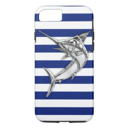Nautical Chrome Blue Marlin on Navy Stripes Print iPhone 8/7 Case