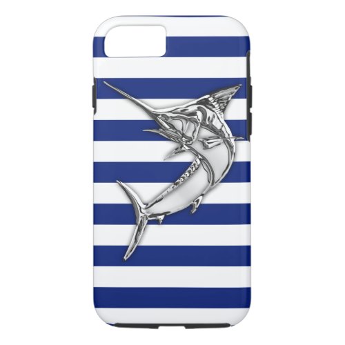 Nautical Chrome Blue Marlin on Navy Stripes Print iPhone 87 Case