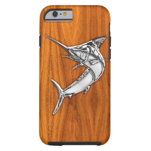 Nautical Chrome Blue Marlin on Teak Wood Print Tough iPhone 6 Case