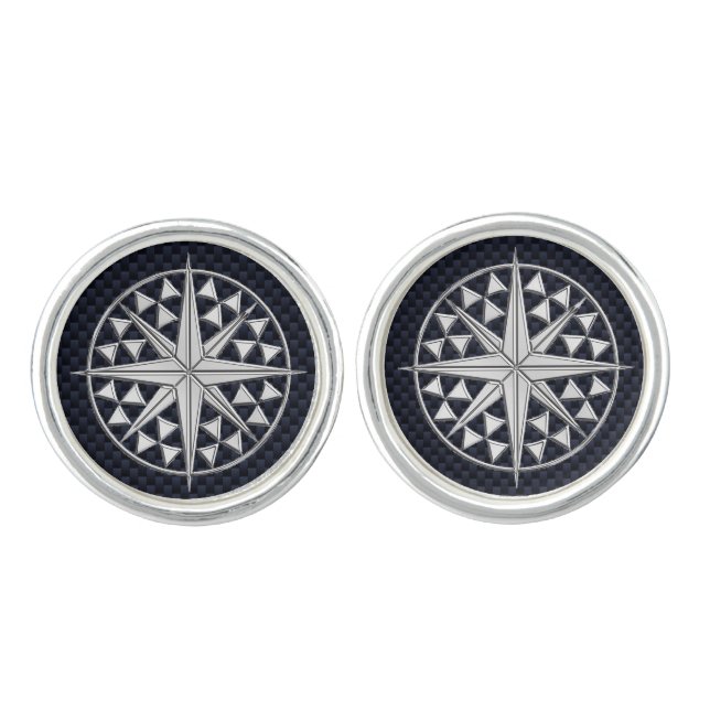 Nautical Chrome Compass Star on Carbon Fiber Print Cufflinks (Front)
