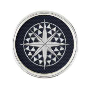 Nautical Chrome Compass Star on Carbon Fiber Print Lapel Pin