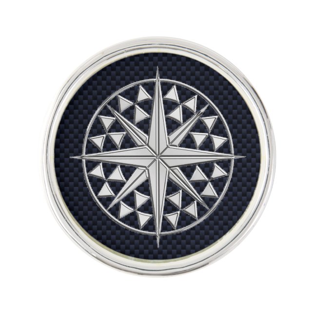 Nautical Chrome Compass Star on Carbon Fiber Print Lapel Pin (Front)