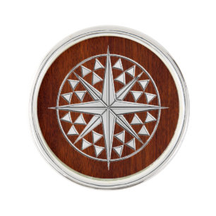 Nautical Chrome Compass Star on Mahogany Print Lapel Pin