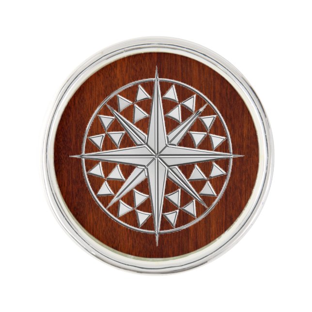 Nautical Chrome Compass Star on Mahogany Print Lapel Pin (Front)