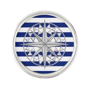 Nautical Chrome Compass Star on Navy Stripes Print Pin