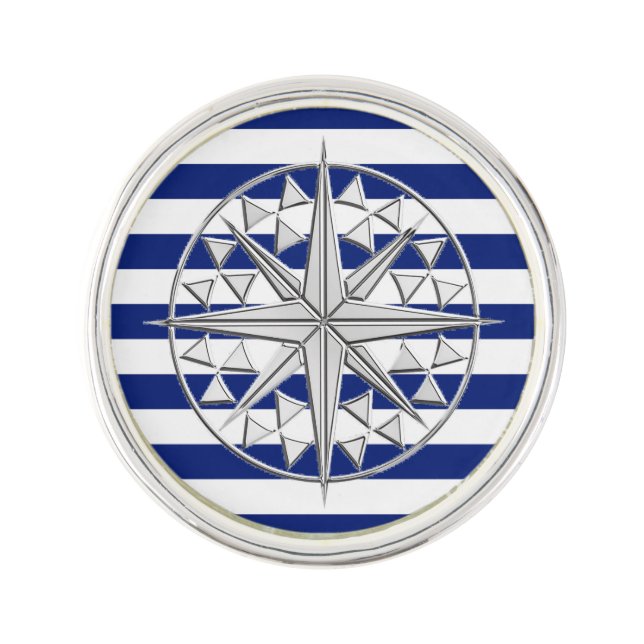 Nautical Chrome Compass Star on Navy Stripes Print Pin (Front)