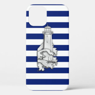 Nautical Chrome Lighthouse on Navy Stripes Print iPhone 12 Case