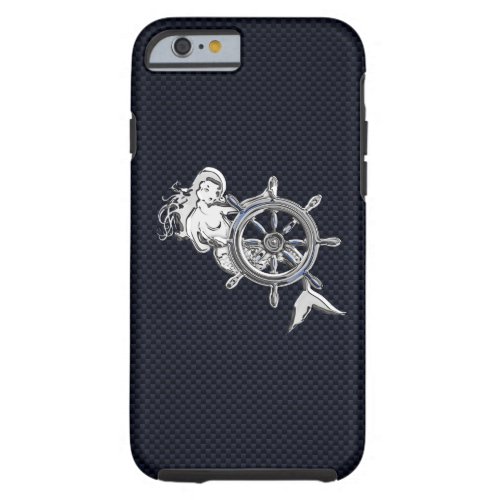 Nautical Chrome Mermaid on Carbon Fiber Print Tough iPhone 6 Case