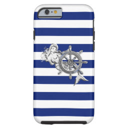 Nautical Chrome Mermaid on Navy Stripes Print Tough iPhone 6 Case