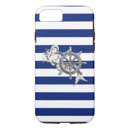 Nautical Chrome Mermaid on Navy Stripes Print iPhone 8/7 Case