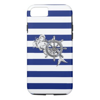 Nautical Chrome Mermaid On Navy Stripes Print Iphone 8/7 Case by CaptainShoppe at Zazzle