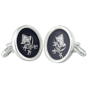 Nautical Chrome Pirate on Carbon Fiber Print Cufflinks