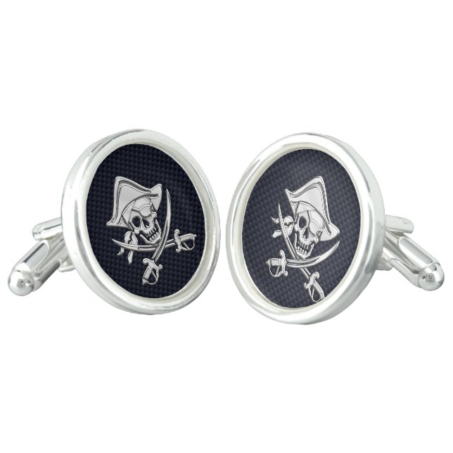 Nautical Chrome Pirate on Carbon Fiber Print Cufflinks (Angled)