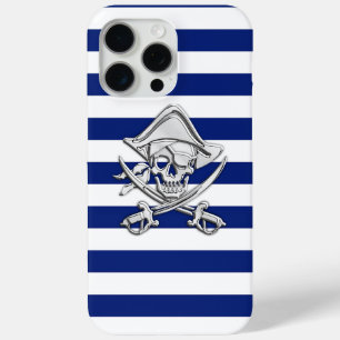 Nautical Chrome Pirate on Navy Stripes Print iPhone 15 Pro Max Case