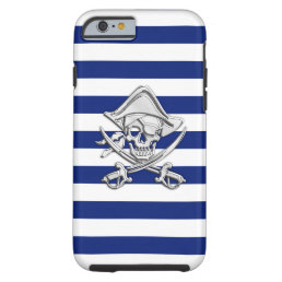 Nautical Chrome Pirate on Navy Stripes Print Tough iPhone 6 Case
