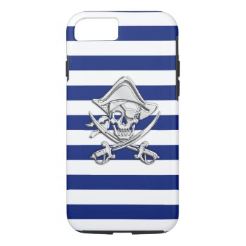 Nautical Chrome Pirate On Navy Stripes Print Iphone 8/7 Case by CaptainShoppe at Zazzle