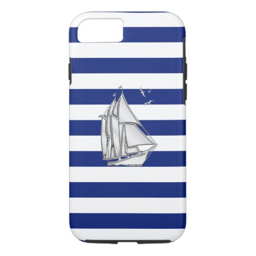 Nautical Chrome Sail Boat on Navy Stripes Print iPhone 87 Case