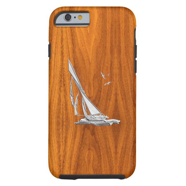 Nautical Chrome Sail Boat on Teak Wood Print Case-Mate iPhone Case (Back)