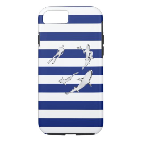 Nautical Chrome Sharks on Navy Stripes Print iPhone 87 Case