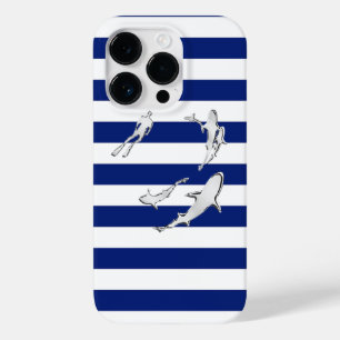 Nautical Chrome Sharks on Navy Stripes Print Case-Mate iPhone 14 Pro Case