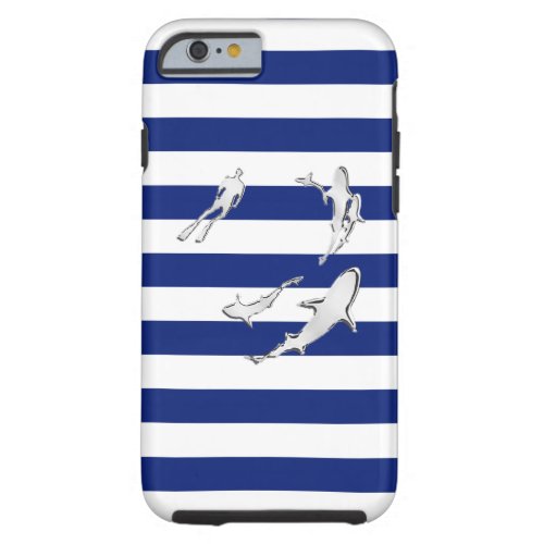 Nautical Chrome Sharks on Navy Stripes Print Tough iPhone 6 Case