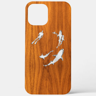Nautical Chrome Sharks on Teak Wood Print iPhone 12 Pro Max Case