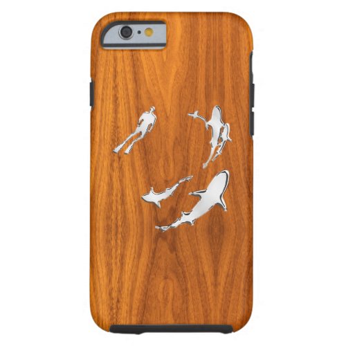 Nautical Chrome Sharks on Teak Wood Print Tough iPhone 6 Case