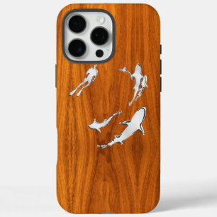 Nautical Chrome Sharks on Teak Wood Print iPhone 16 Pro Max Case