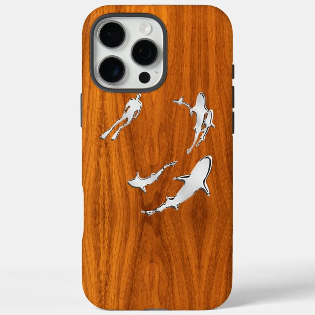 Nautical Chrome Sharks on Teak Wood Print Case-Mate iPhone Case (Back)
