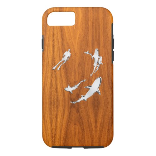Nautical Chrome Sharks on Teak Wood Print iPhone 87 Case