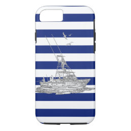 Nautical Chrome Sport Fishin on Navy Stripes Print iPhone 8/7 Case