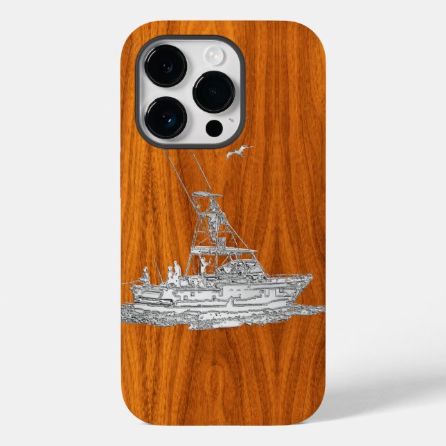 Nautical Chrome Sport Fishin on Teak Wood Print Case-Mate iPhone Case (Back)