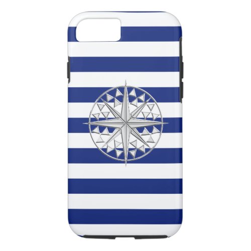 Nautical Chrome Star Compass on Navy Stripes Print iPhone 87 Case